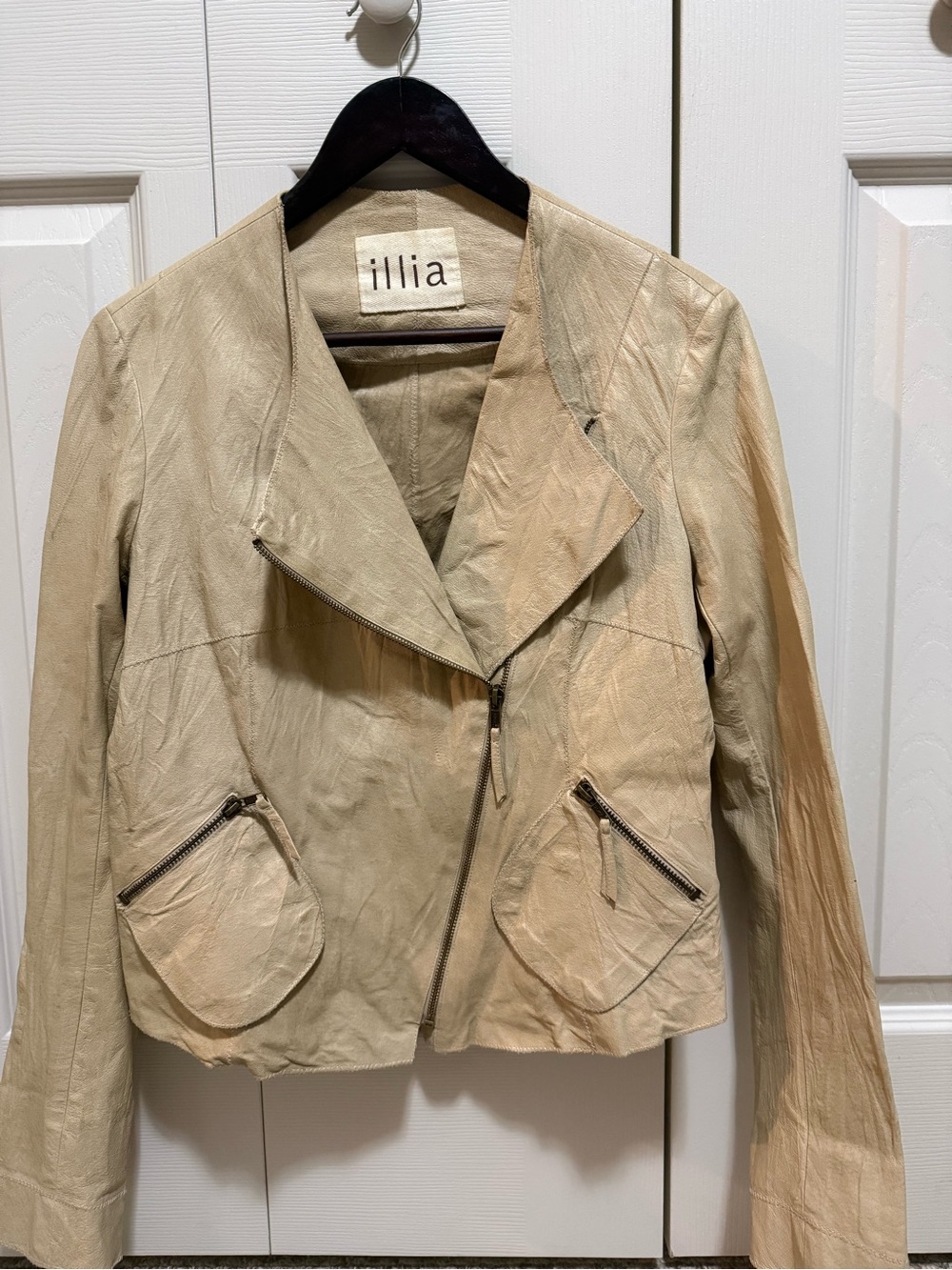 Illia M NWOT crepe Beige Leather Asymmetrical Moto Jacket